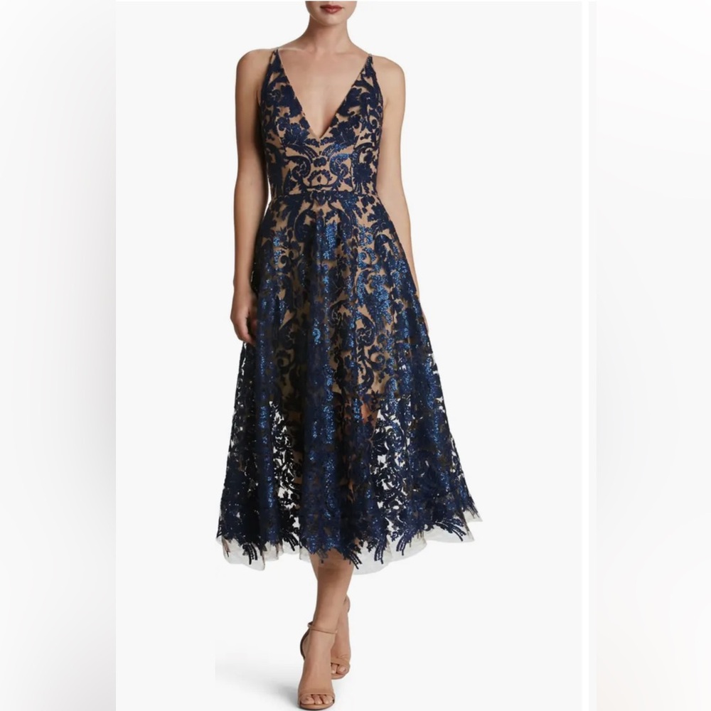Dress the Population Navy Blue and Nude Lace Midi Dress